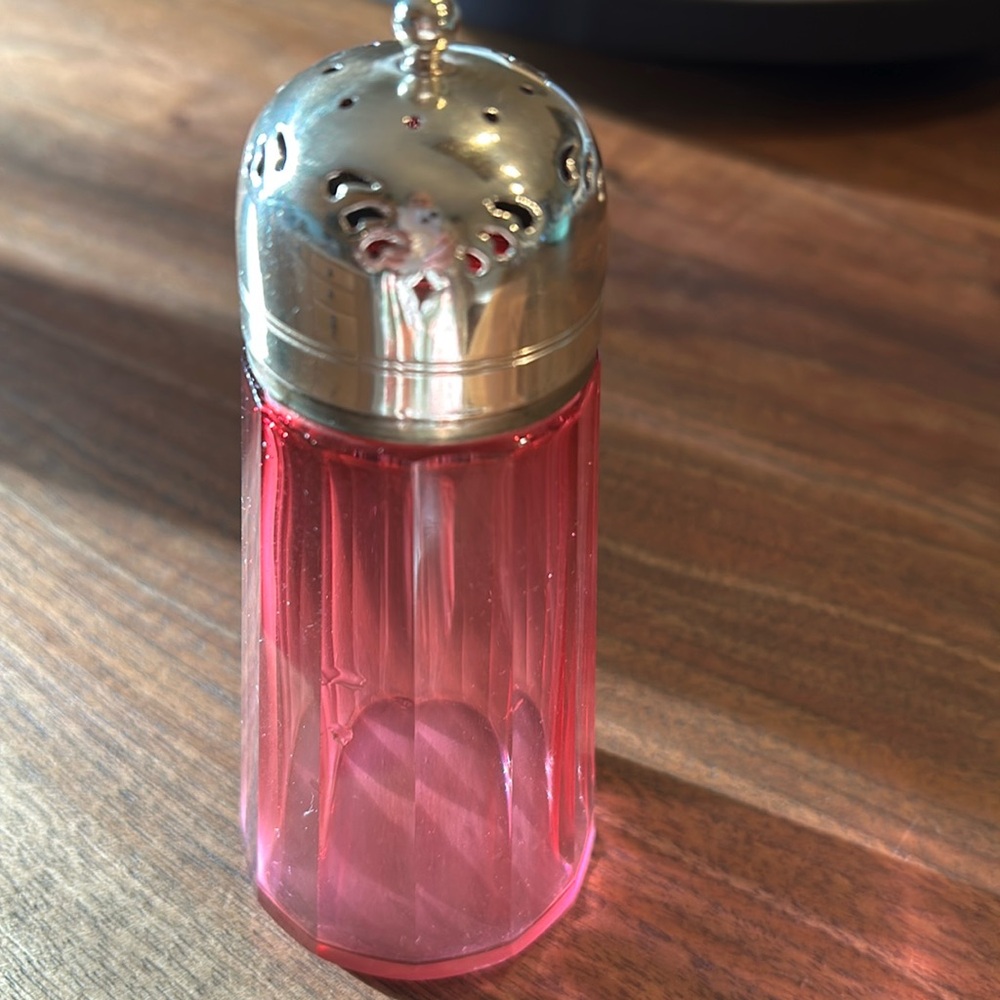 Victorian Cranberry Glass Sugar Shaker, Muffineer, With Silver Plated Lid